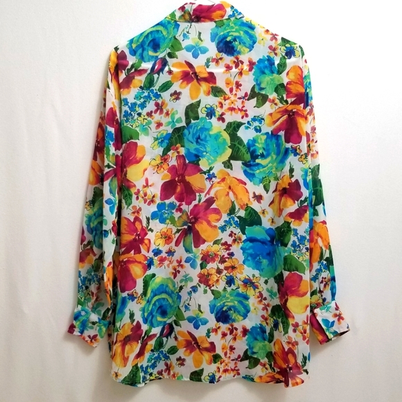 Vibrant Floral Blouse, Semisheer Fabric, Buttoned Front, One Size fits Most. - Picture 3 of 14
